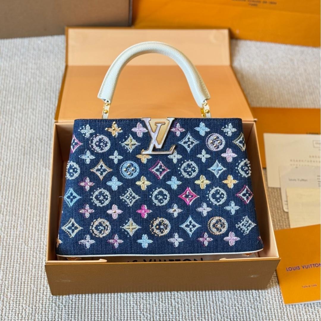 Luxury Denim Capucines Bag with White Leather and Gold LV Detail 20CM/27CM - 图片 5