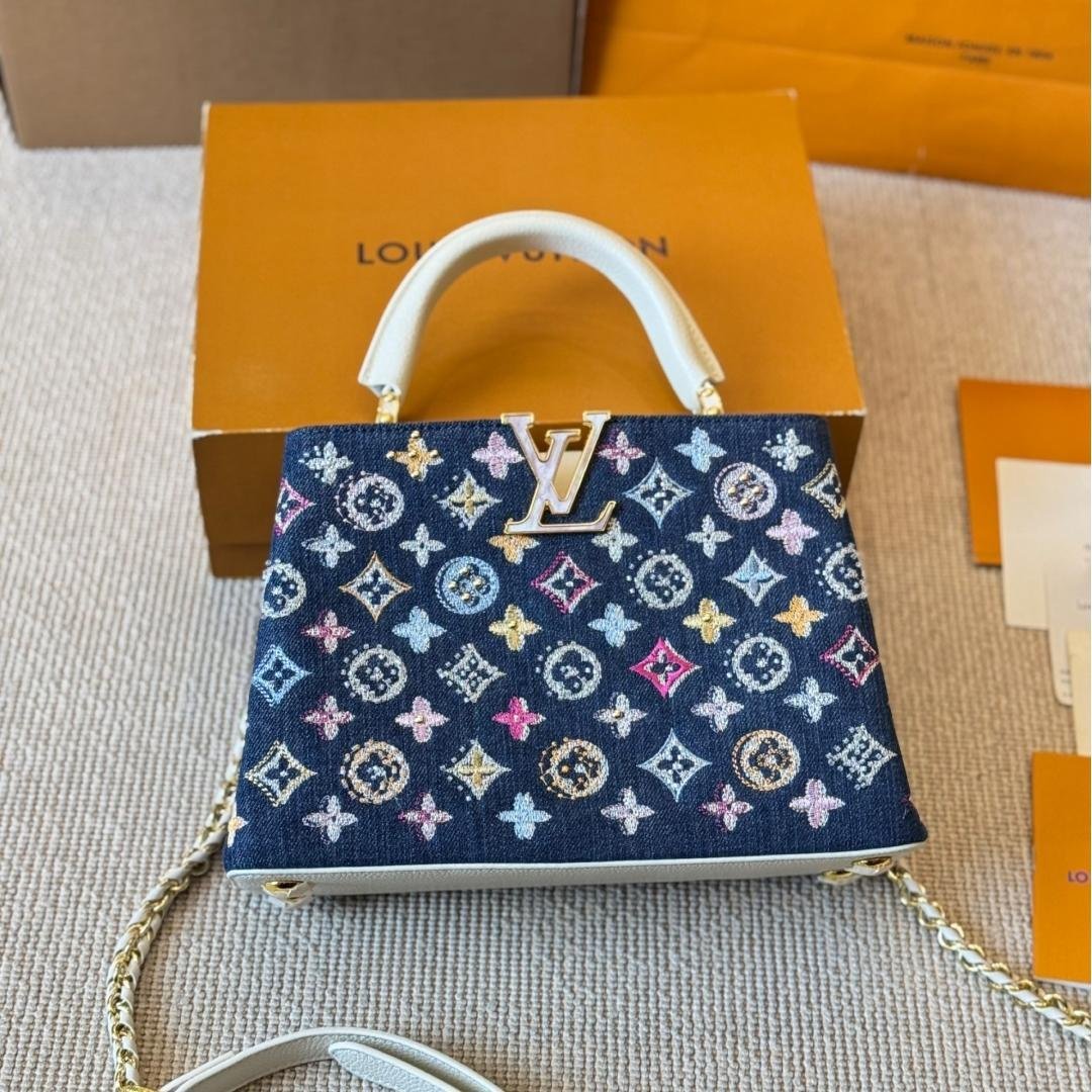 Luxury Denim Capucines Bag with White Leather and Gold LV Detail 20CM/27CM - 图片 6