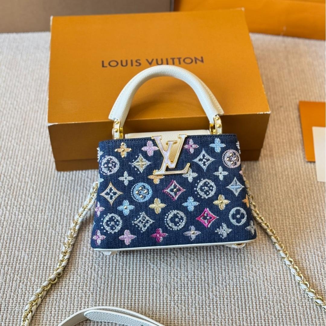 Luxury Denim Capucines Bag with White Leather and Gold LV Detail 20CM/27CM - 图片 7