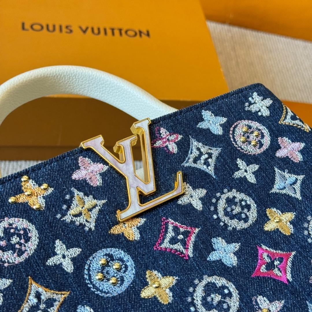 Luxury Denim Capucines Bag with White Leather and Gold LV Detail 20CM/27CM - 图片 8