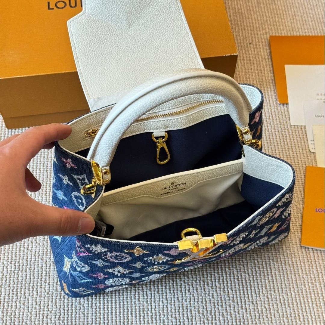 Luxury Denim Capucines Bag with White Leather and Gold LV Detail 20CM/27CM - 图片 9