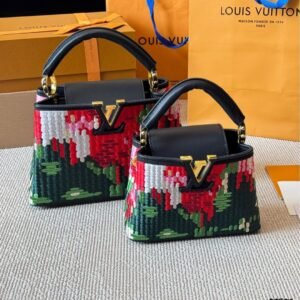 Luxury Floral Embroidered Capucines Bag with Black Leather Trim 20CM/27CM