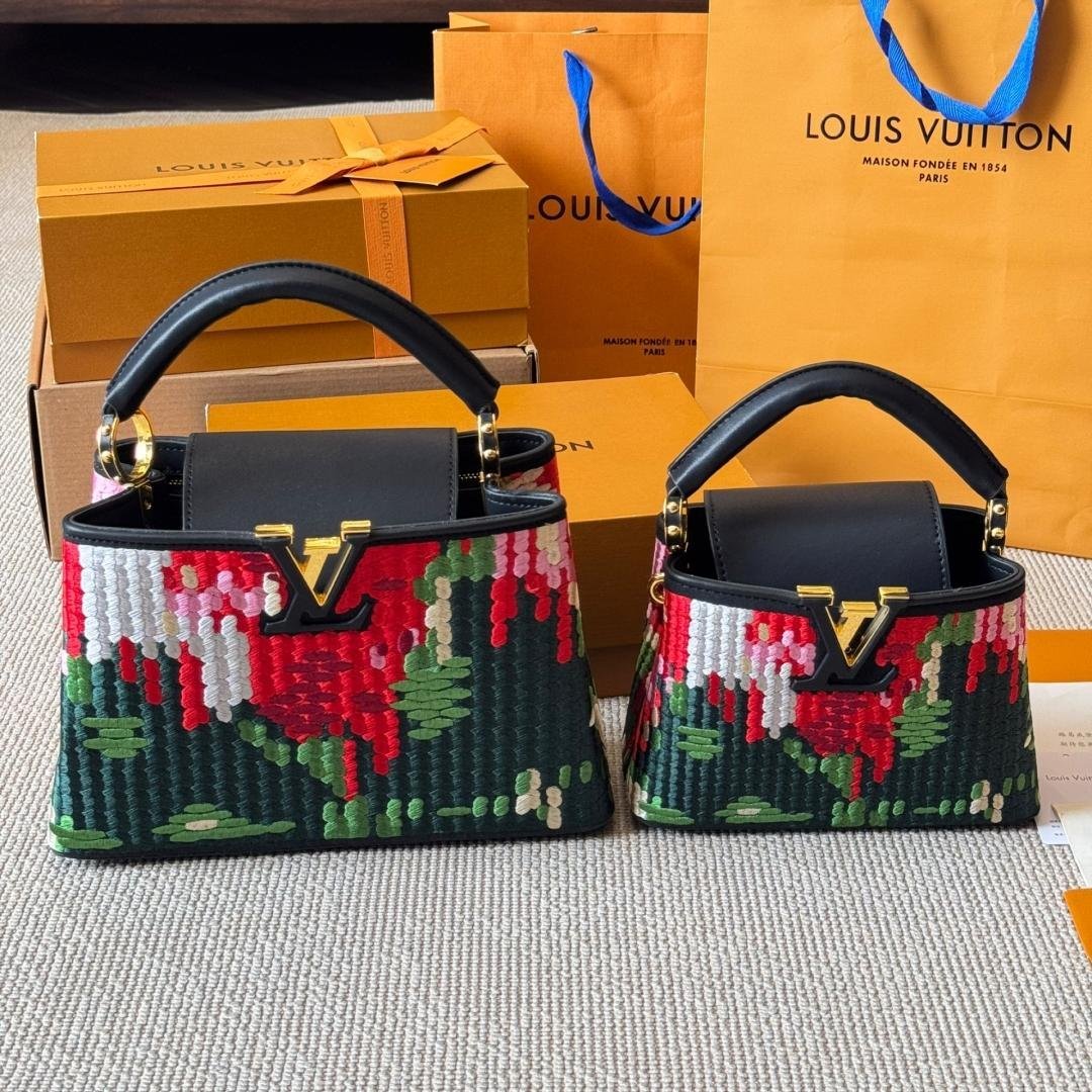 Luxury Floral Embroidered Capucines Bag with Black Leather Trim 20CM/27CM - 图片 4