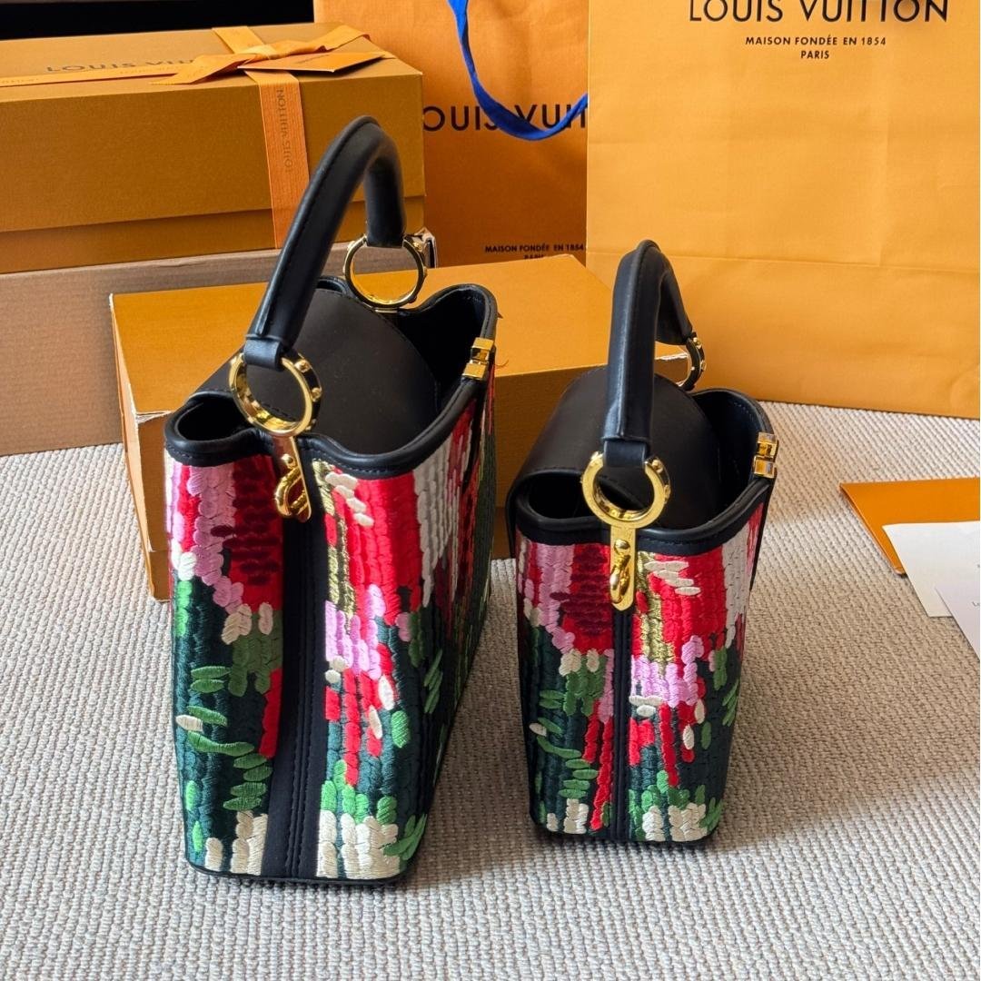 Luxury Floral Embroidered Capucines Bag with Black Leather Trim 20CM/27CM - 图片 7