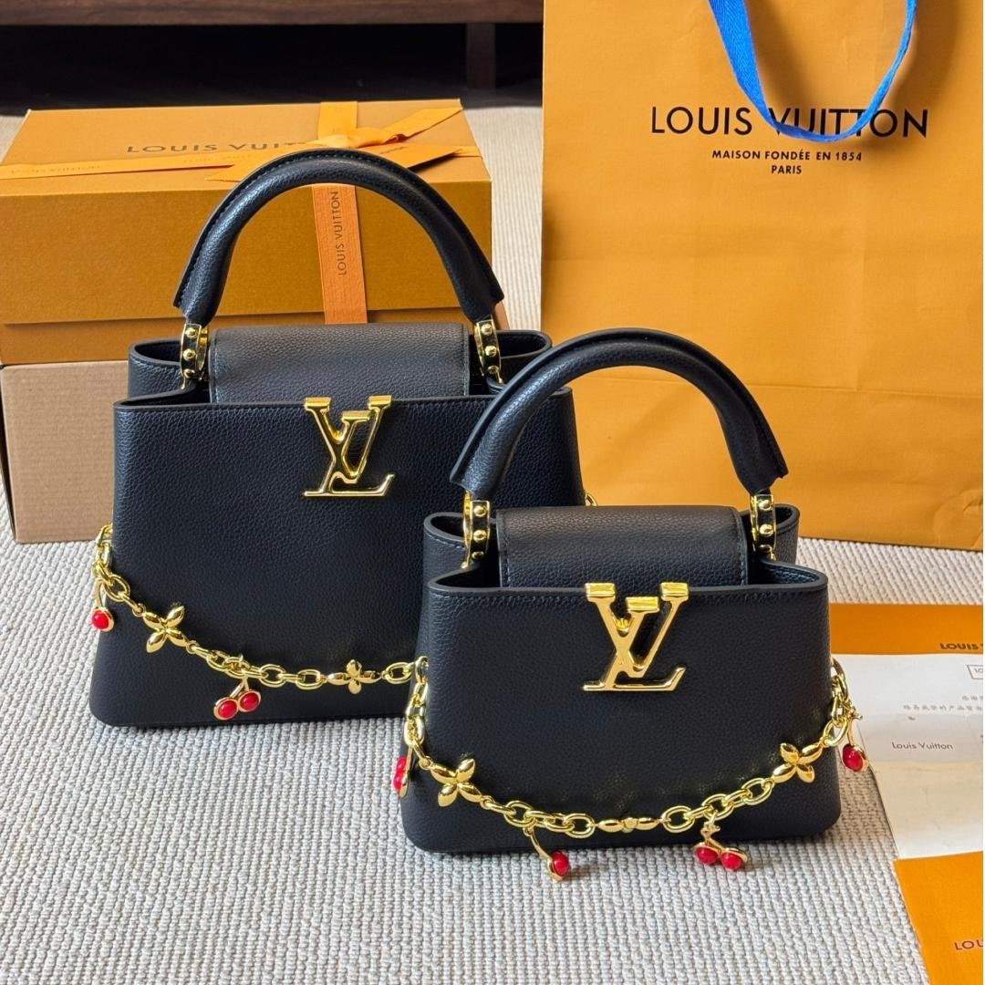 Capucines Handbag in Black Taurillon Leather with Gold LV & Cherry Chain – Available in 27CM & 20CM