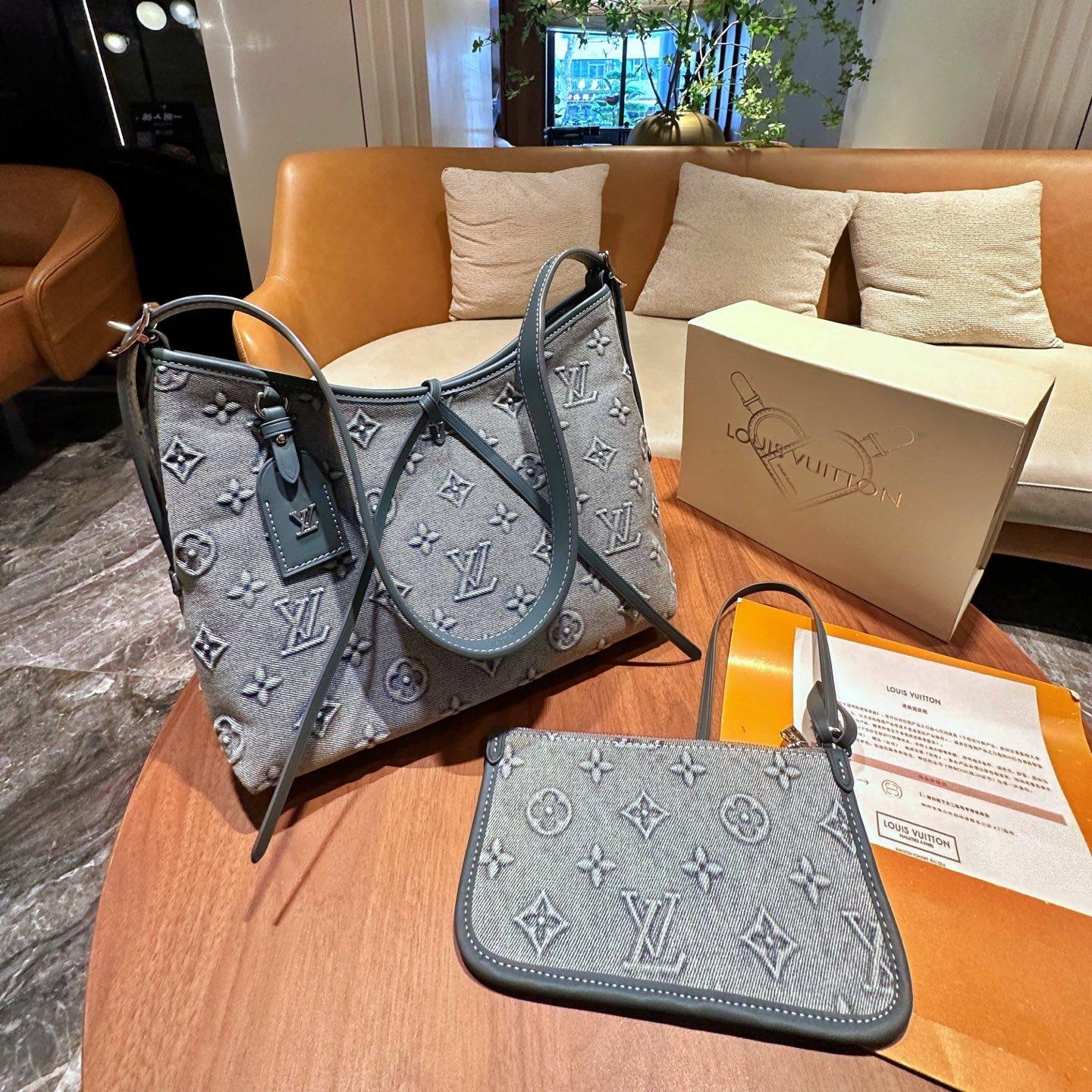 Louis Vuitton CarryAll Tote in Gray Denim Monogram with Wide Strap – 30cm