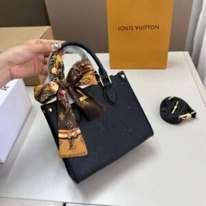 Mini Black Embossed LV Onthego Tote with Scarf – 18cm Elegant Edition