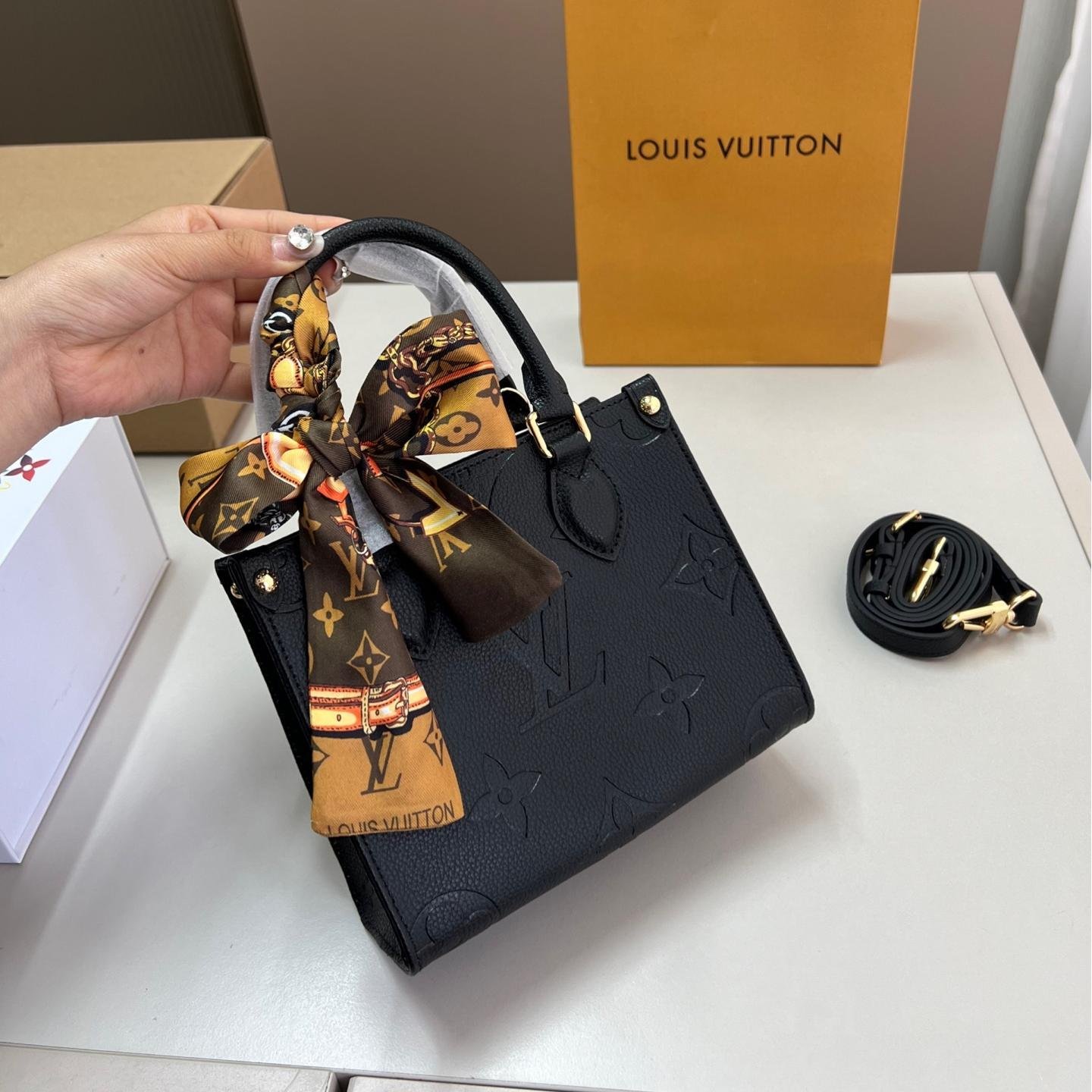Mini Black Embossed LV Onthego Tote with Scarf – 18cm Elegant Edition