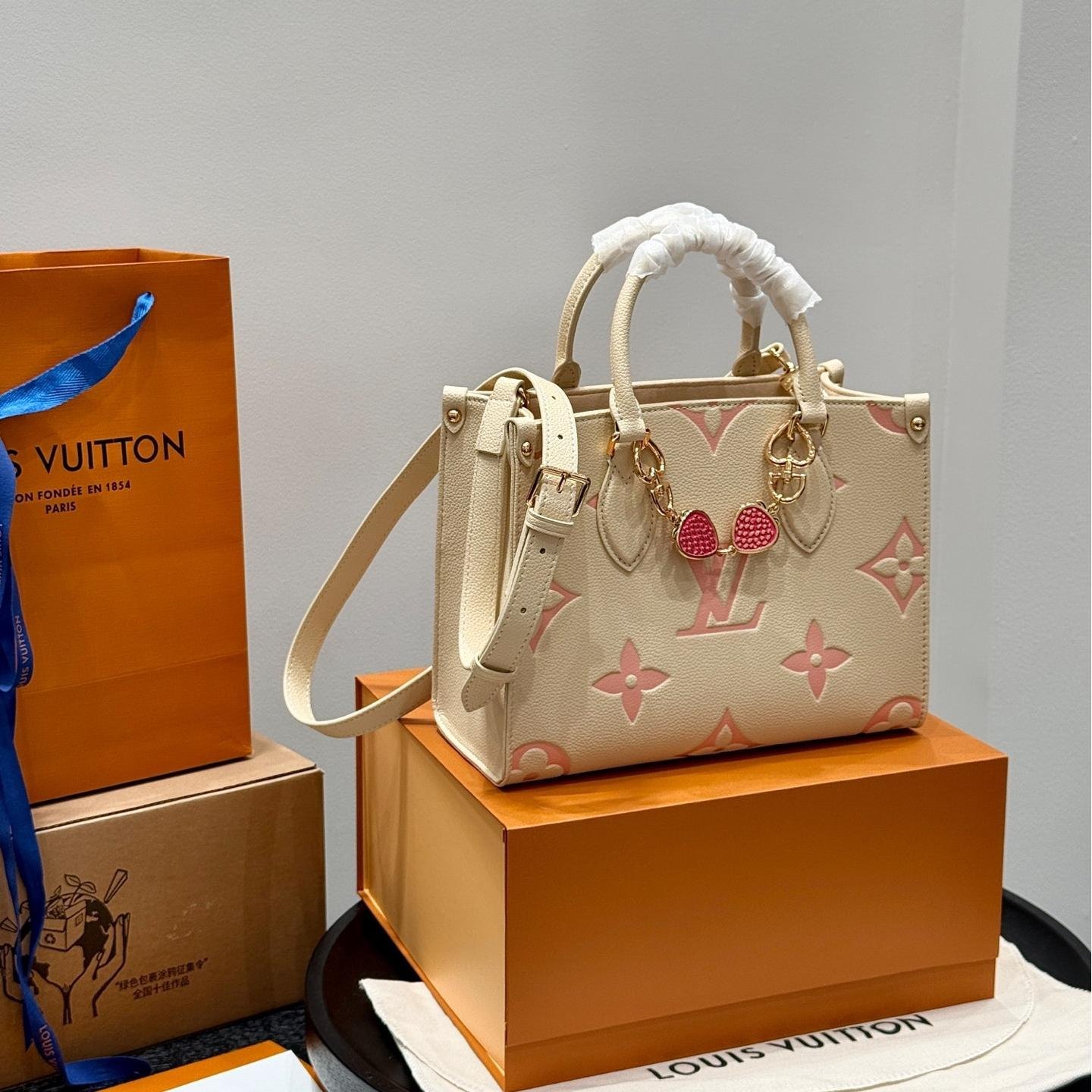 LV Mini OnTheGo Tote in Cream Strawberry Pink – Embossed Leather 25cm