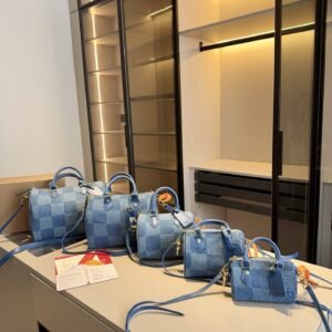 LV Speedy Blue Denim Checkered Top Handle Bag – Multiple Sizes Available (16/18/20/25/30CM)))