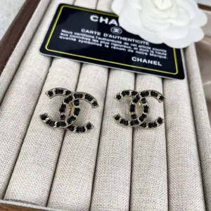 Chanel Replica Earrings, Black Leather Double C Design