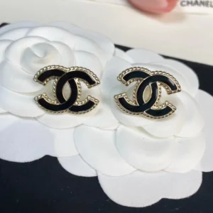 Chanel Replica Earrings, Gold Edge Black Double C Style