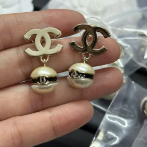 Chanel Replica Earrings, Polish Double C Pearl Dangle
