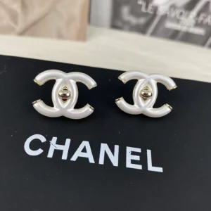 Chanel Replica Earrings, White Double C Stud Design