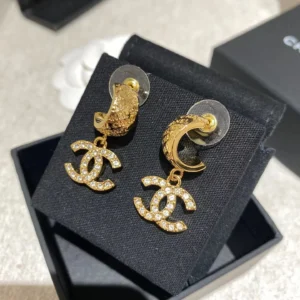 Miss Chen Chanel Earrings, Gold Double C Dangle