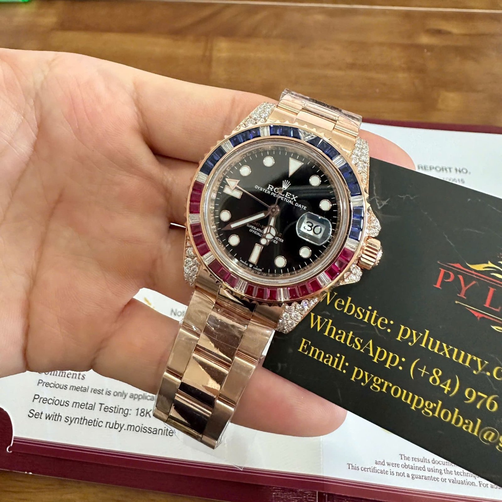 Rolex GMT-Master II 126755SARU 18K Gold Wrapped Custom Moissanite Synthetic Ruby & Sapphire Bezel 40mm - 图片 4