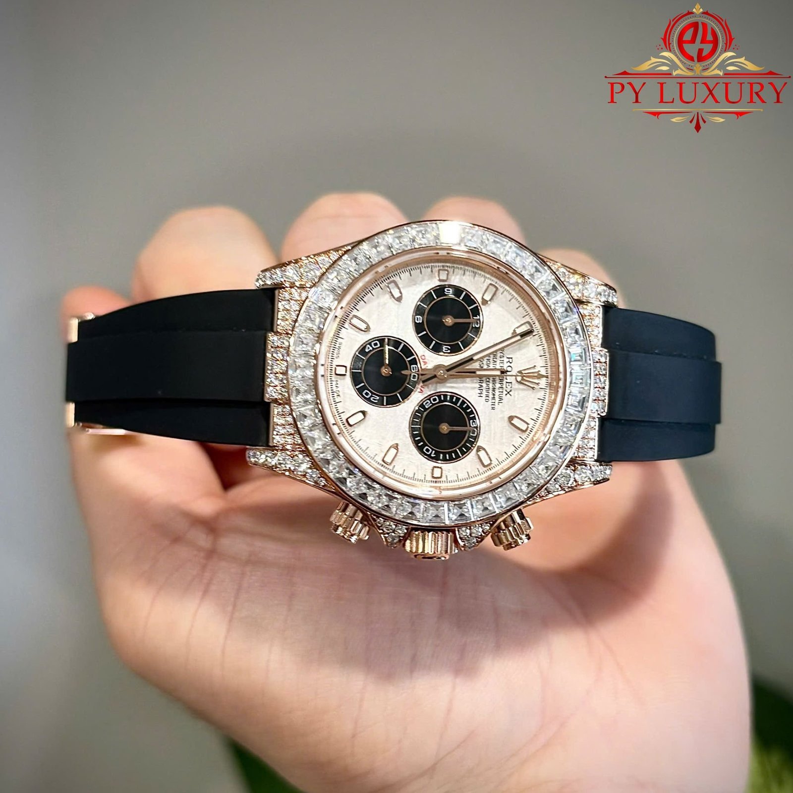 Rolex Daytona Meteorite Dial 18K Gold Plated Custom Baguette Moissanite Rubber Strap 40mm - 图片 3