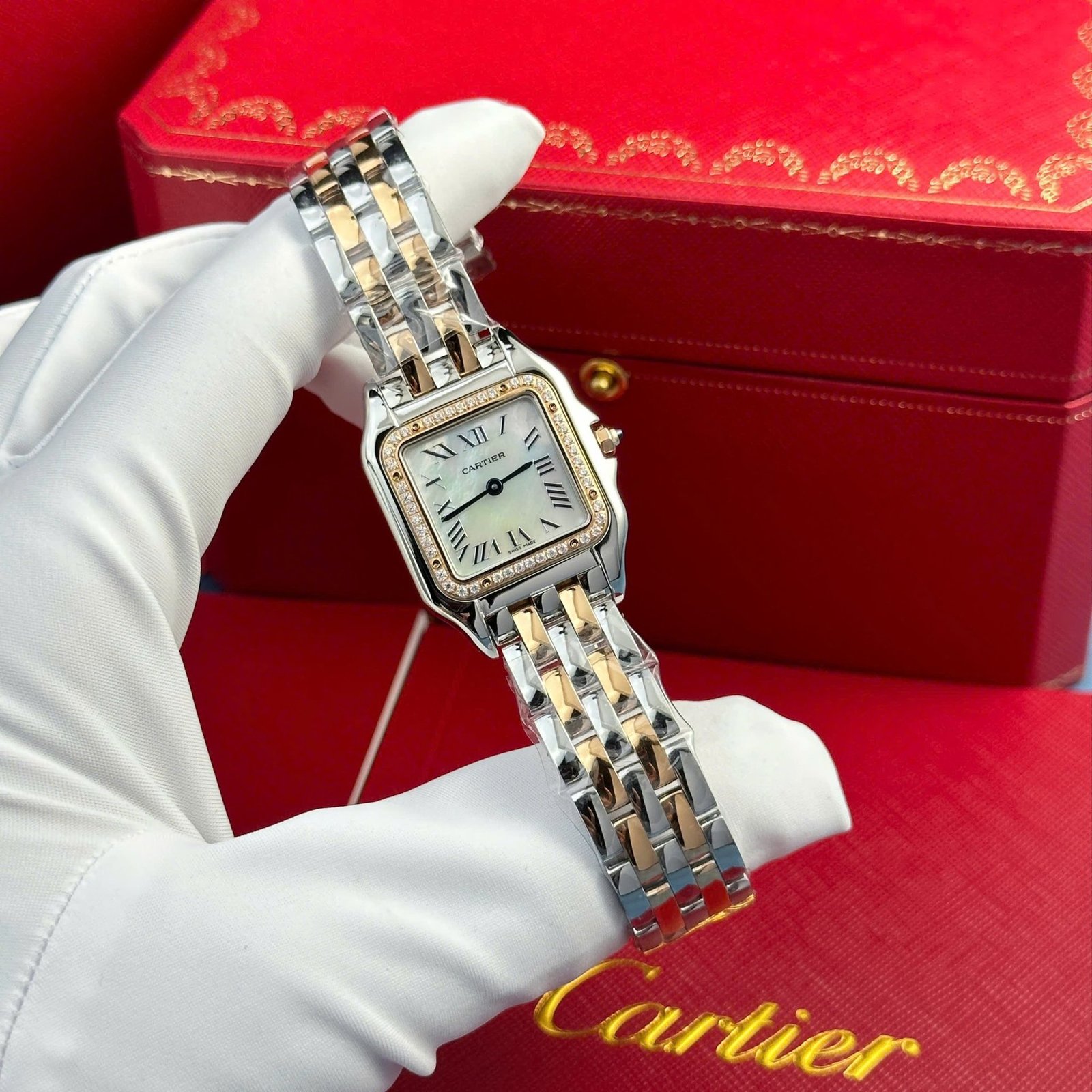 Cartier Panthère Two Tone Rose Gold MOP Dial Diamond Bezel Best Replica AF 27mm x 36mm - 图片 2
