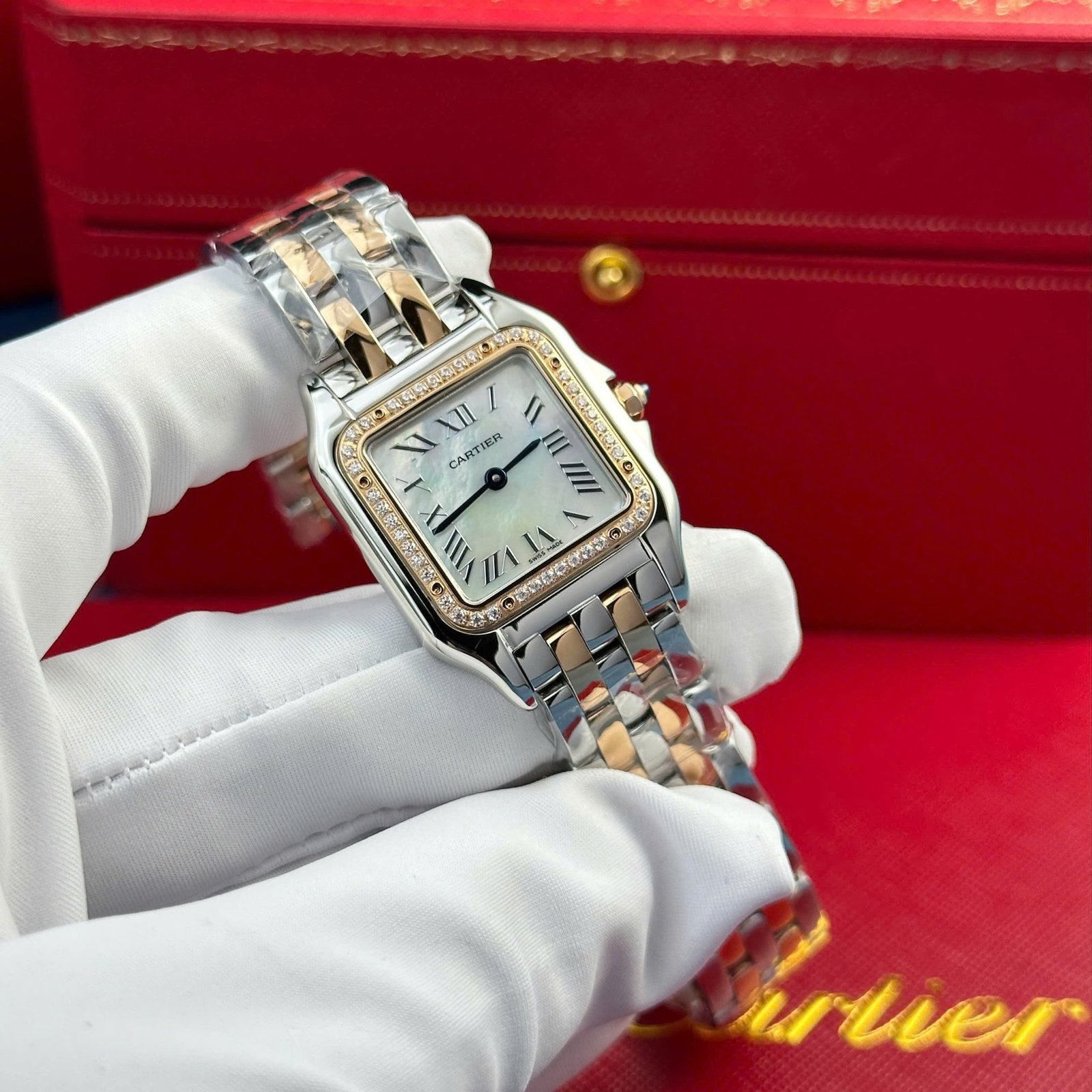Cartier Panthère Two Tone Rose Gold MOP Dial Diamond Bezel Best Replica AF 27mm x 36mm - 图片 3