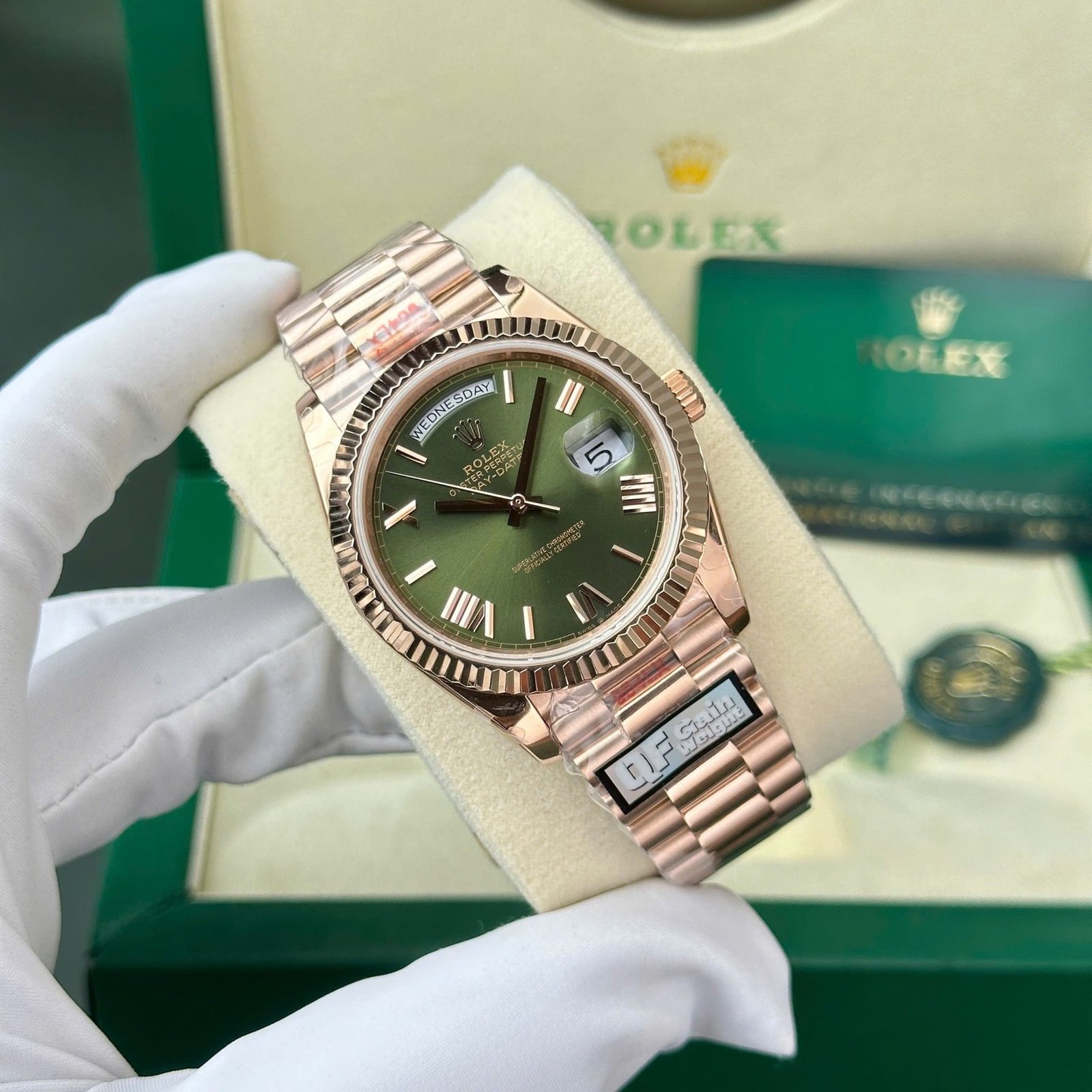 Rolex Day-Date 228235 Rose Gold Olive Green Dial 187g Best Replica QF 40mm