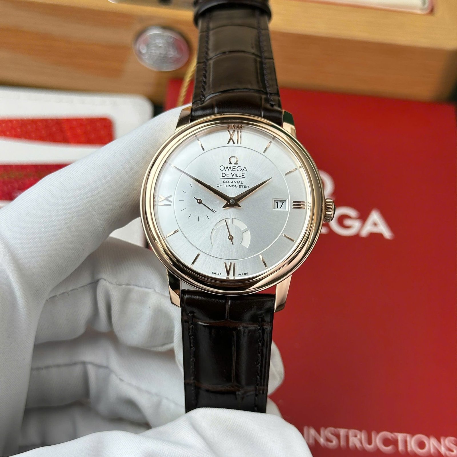 Omega De Ville Prestige Power Reserve Rose Gold Silver Dial Leather Strap Best Replica 39.5mm