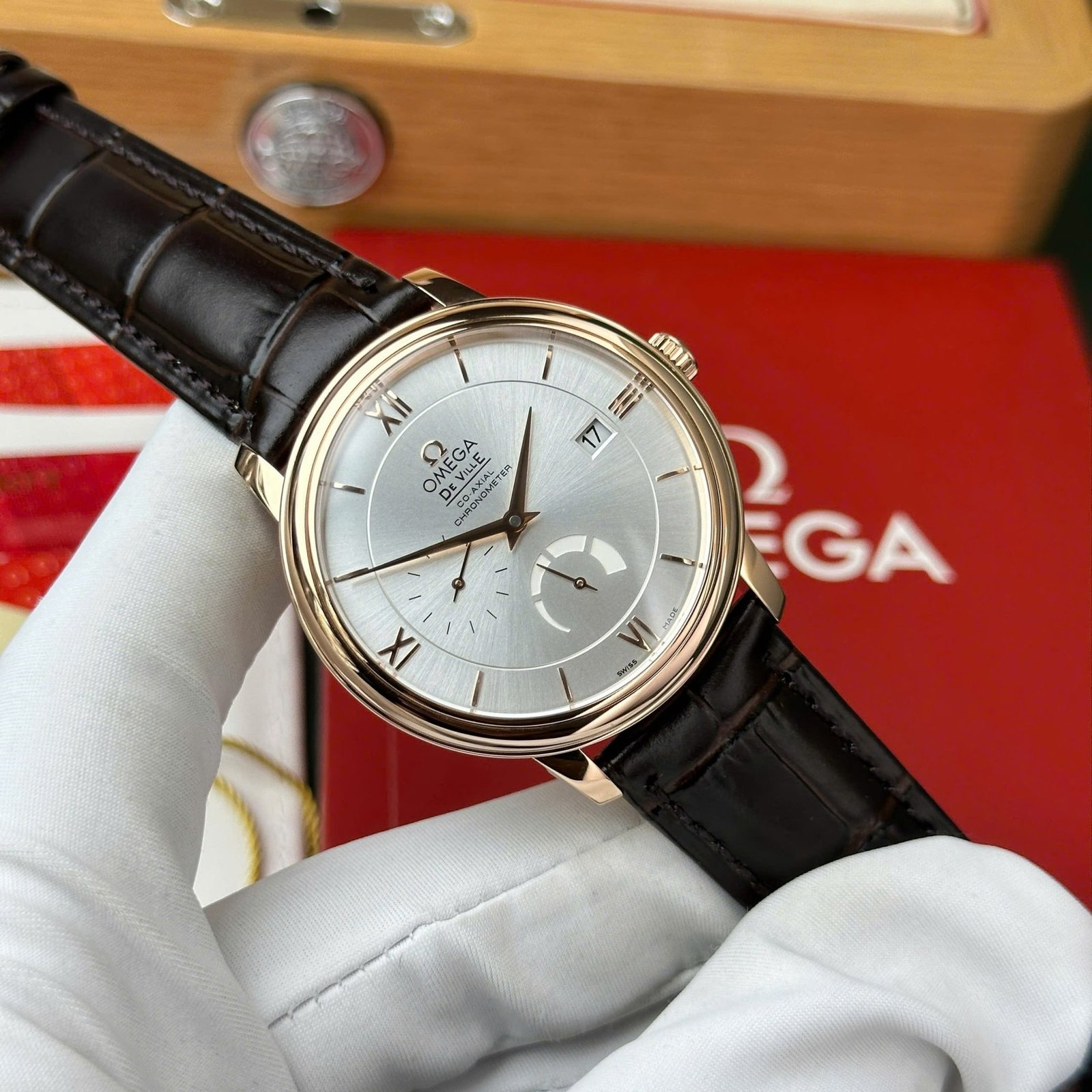Omega De Ville Prestige Power Reserve Rose Gold Silver Dial Leather Strap Best Replica 39.5mm - 图片 3