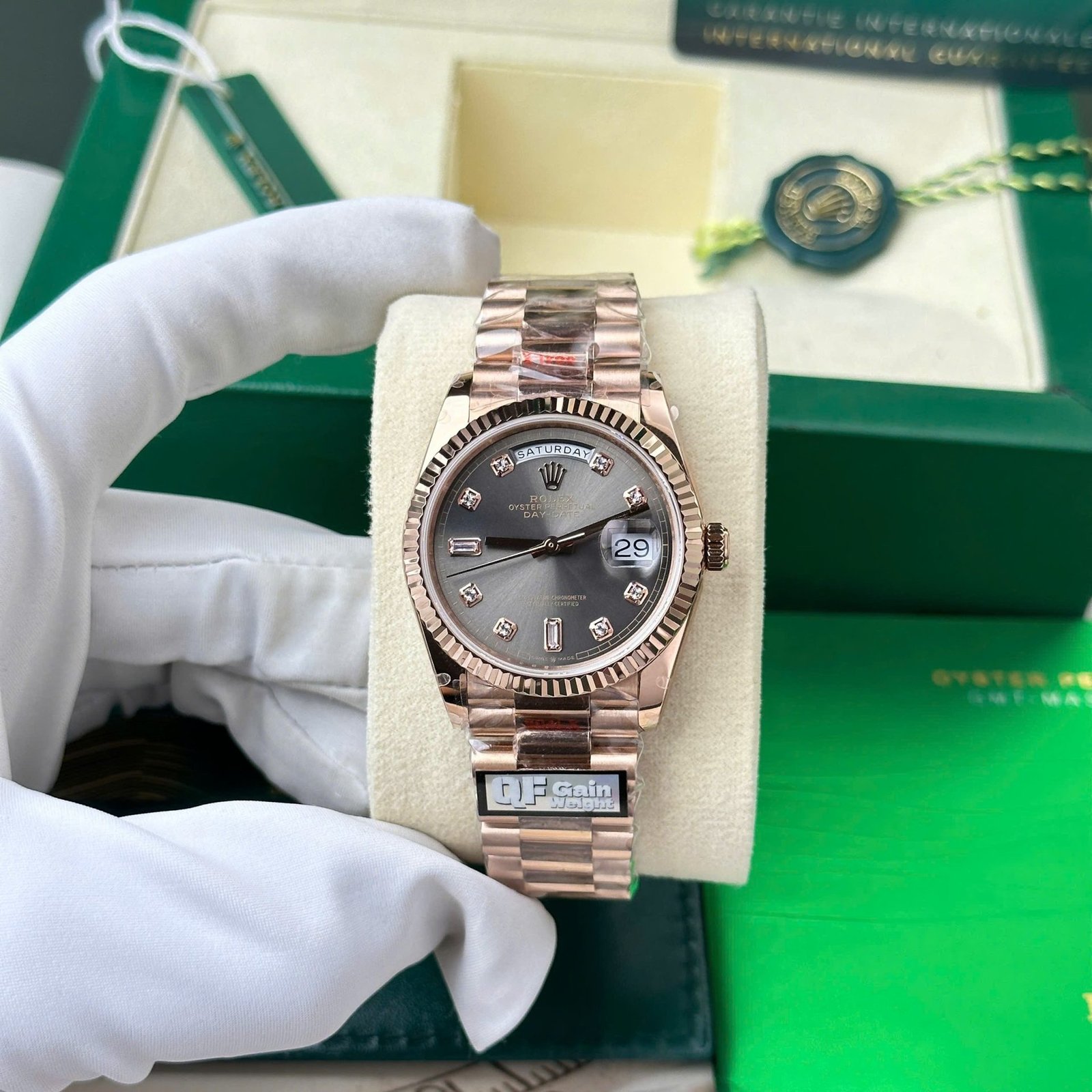 Rolex Day-Date 128235-0050 Rose Gold Slate Diamond-set Dial 158g Best Quality Replica QF 36mm