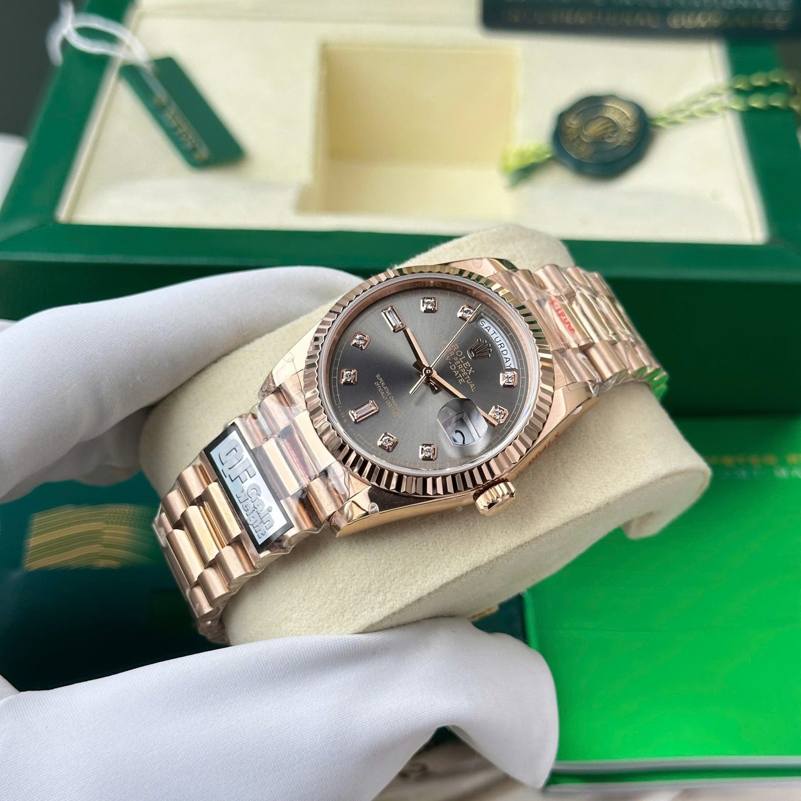 Rolex Day-Date 128235-0050 Rose Gold Slate Diamond-set Dial 158g Best Quality Replica QF 36mm - 图片 2