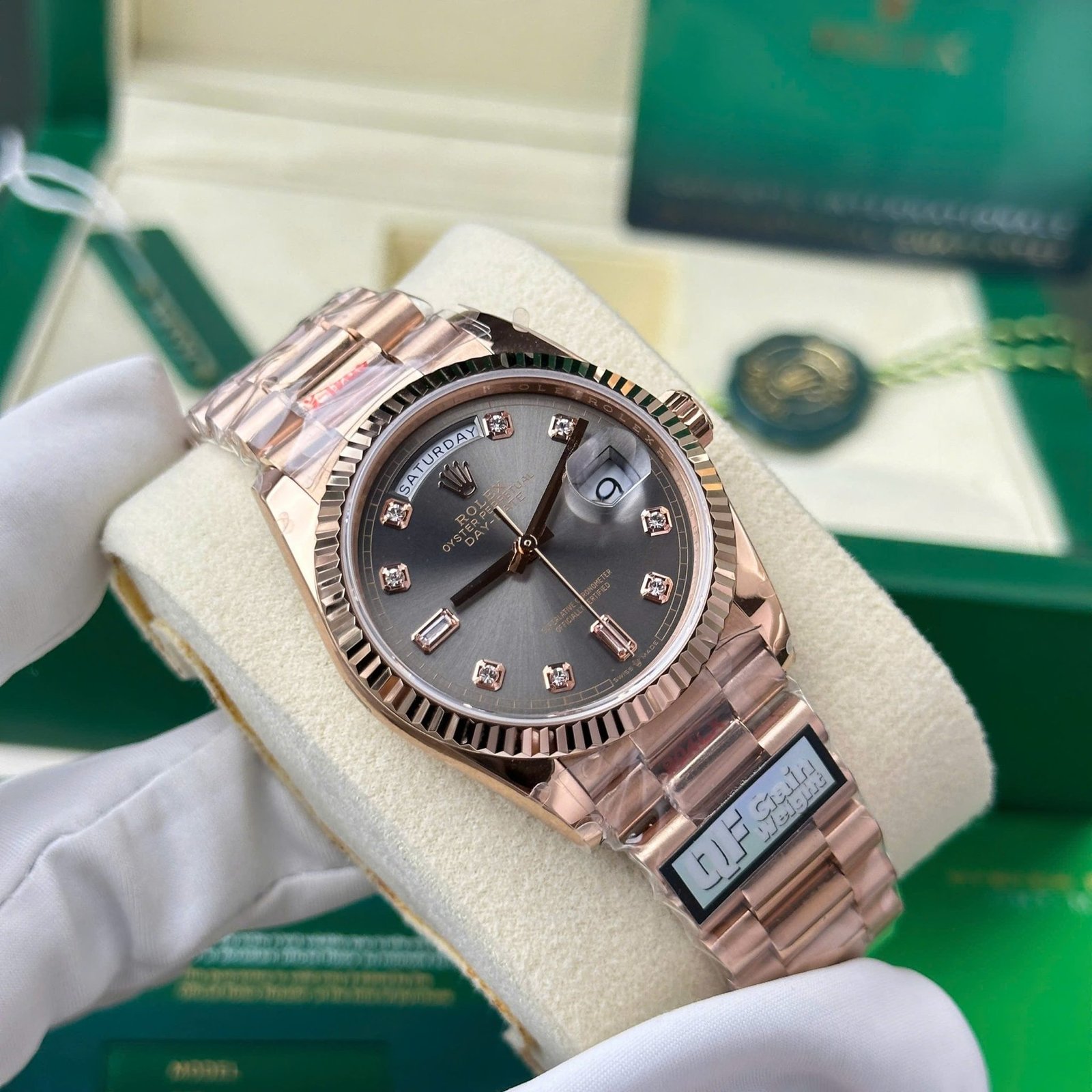 Rolex Day-Date 128235-0050 Rose Gold Slate Diamond-set Dial 158g Best Quality Replica QF 36mm - 图片 3