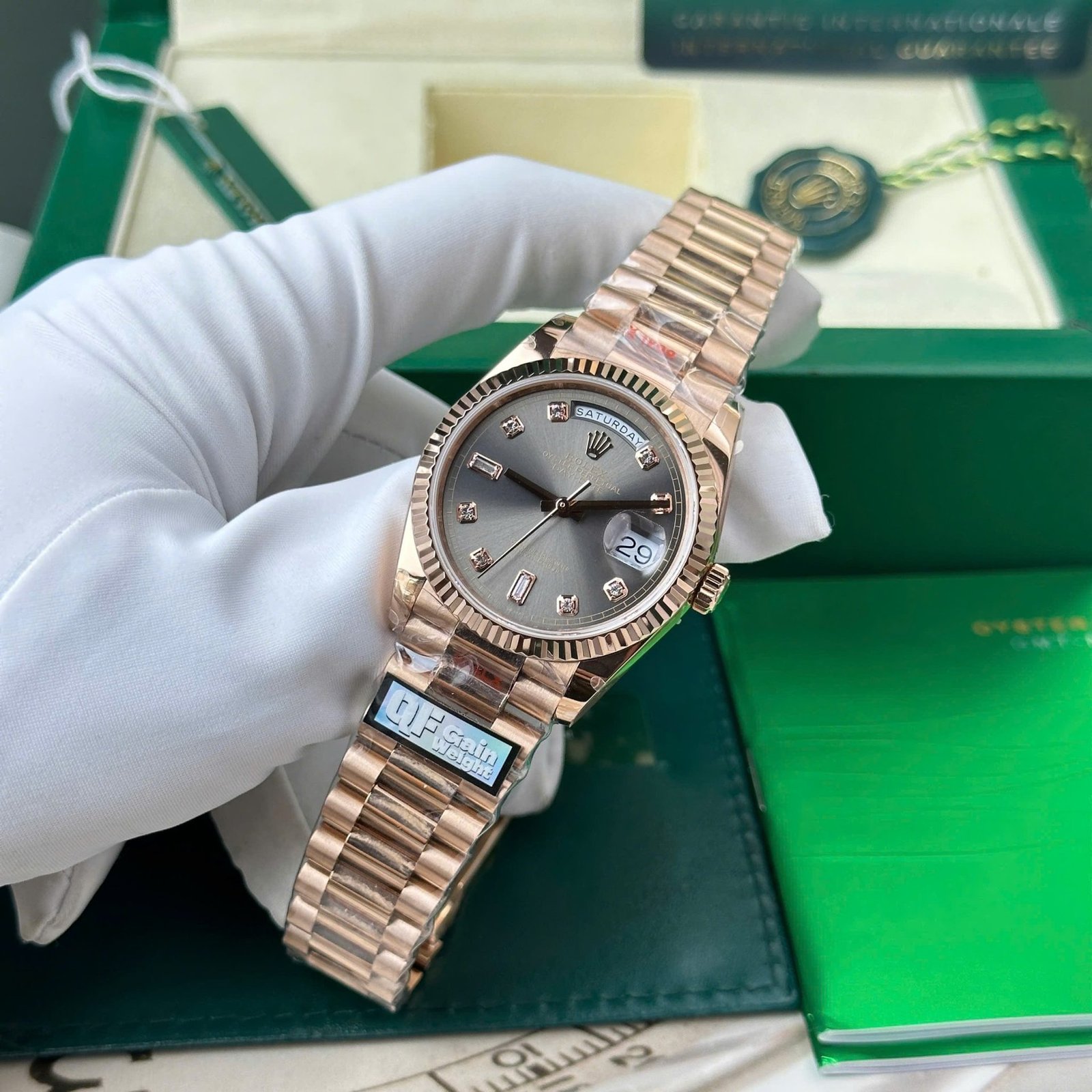 Rolex Day-Date 128235-0050 Rose Gold Slate Diamond-set Dial 158g Best Quality Replica QF 36mm - 图片 4
