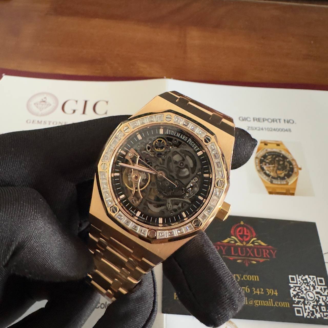 Audemars Piguet Royal Oak 15412OR Open Work Skeleton 18K Rose Gold Wrapped Baguette Moissanite Bezel Clone 1:1 Best Replica 41mm - 图片 4