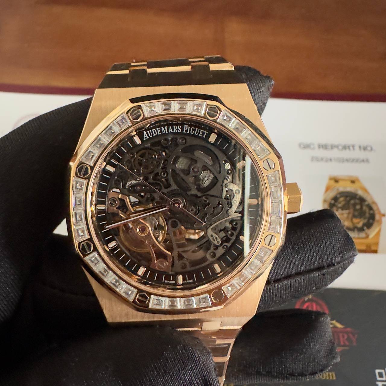 Audemars Piguet Royal Oak 15412OR Open Work Skeleton 18K Rose Gold Wrapped Baguette Moissanite Bezel Clone 1:1 Best Replica 41mm - 图片 5
