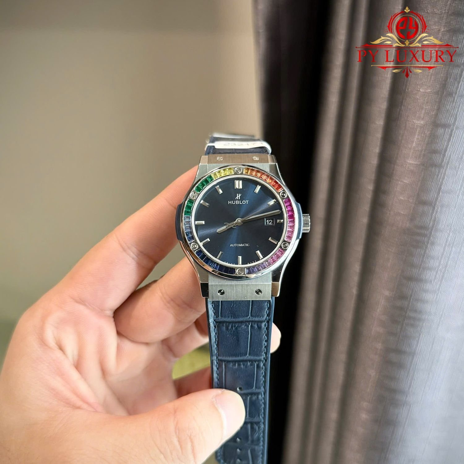 Hublot Classic Fusion Titanium Blue Custom Ruby & Sapphire Bezel Leather Strap Best Replica 42mm - 图片 2