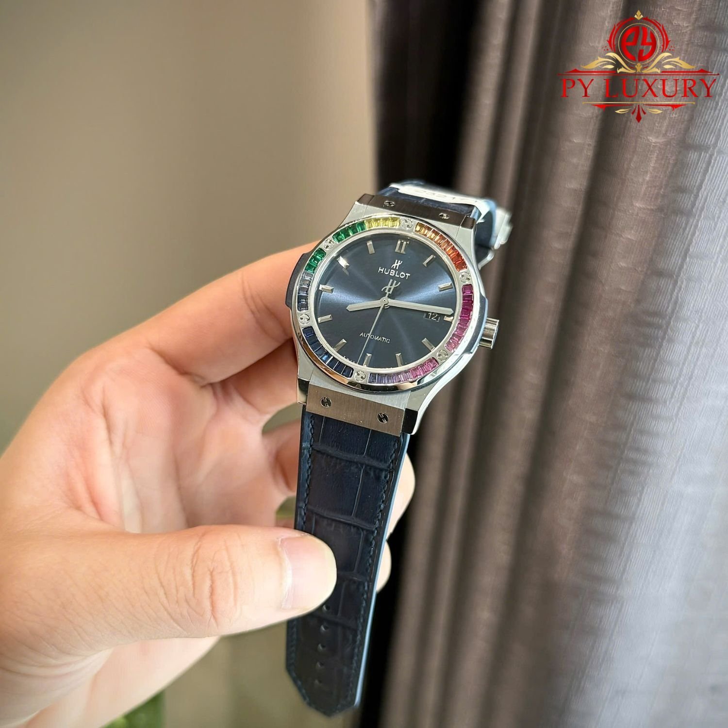 Hublot Classic Fusion Titanium Blue Custom Ruby & Sapphire Bezel Leather Strap Best Replica 42mm - 图片 4