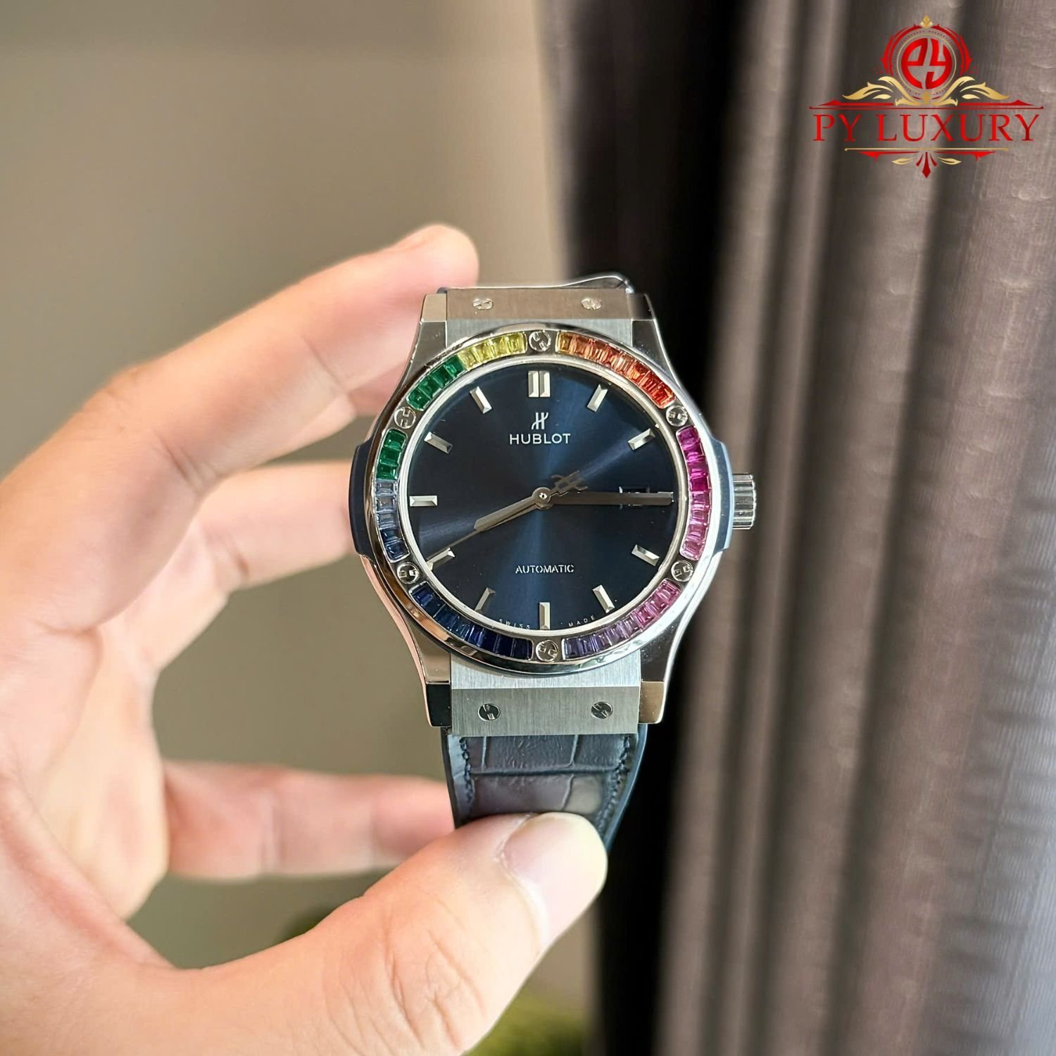 Hublot Classic Fusion Titanium Blue Custom Ruby & Sapphire Bezel Leather Strap Best Replica 42mm - 图片 6