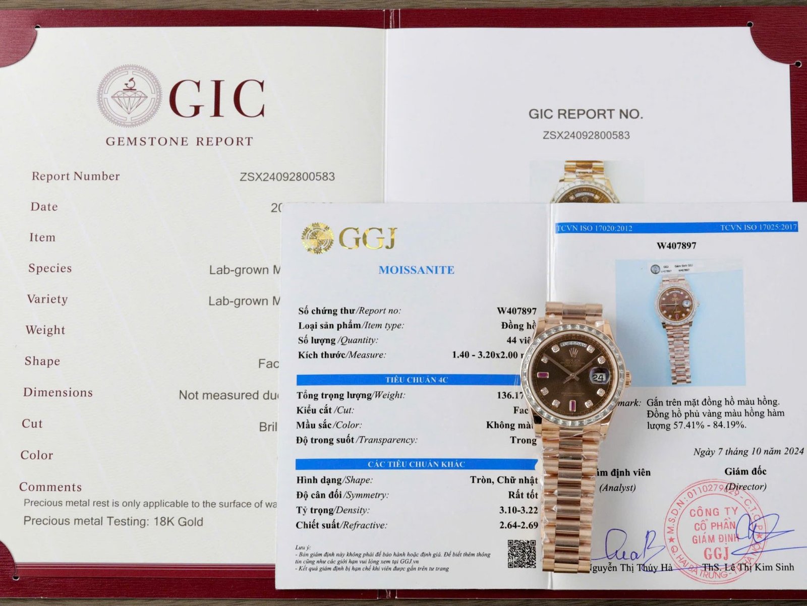 Rolex Day-Date 36 Chocolate Diamond & Ruby Dial 18K Rose Gold Wrapped Baguette Moissanite Bezel Best Replica 36mm