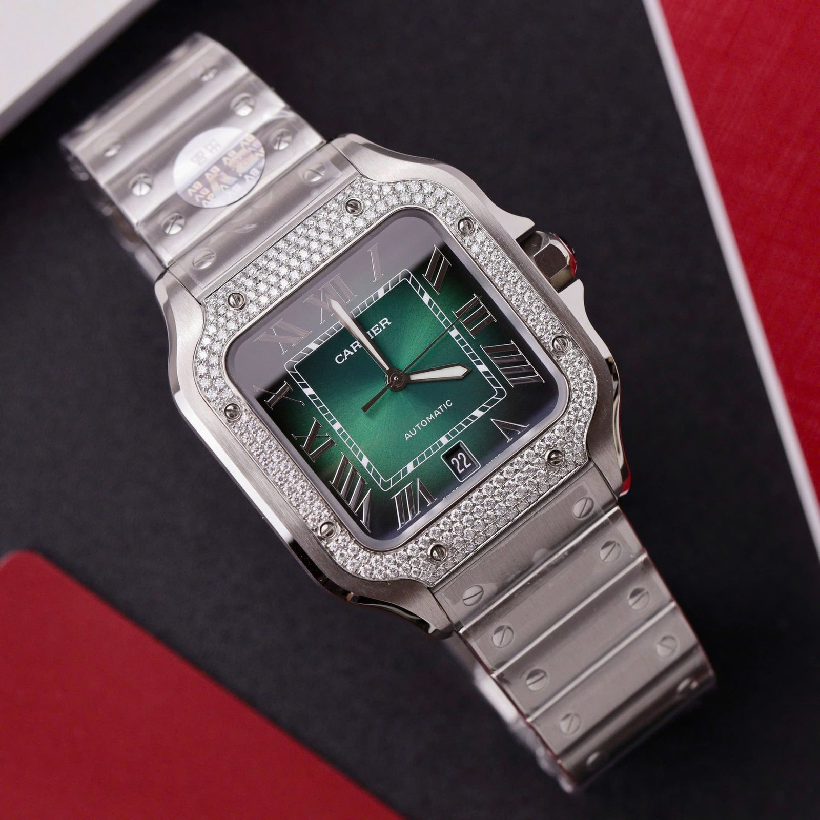 Cartier Santos Green Dial Large Model Custom Moissanite Bezel Best Clone BVF 39.8mm - 图片 2