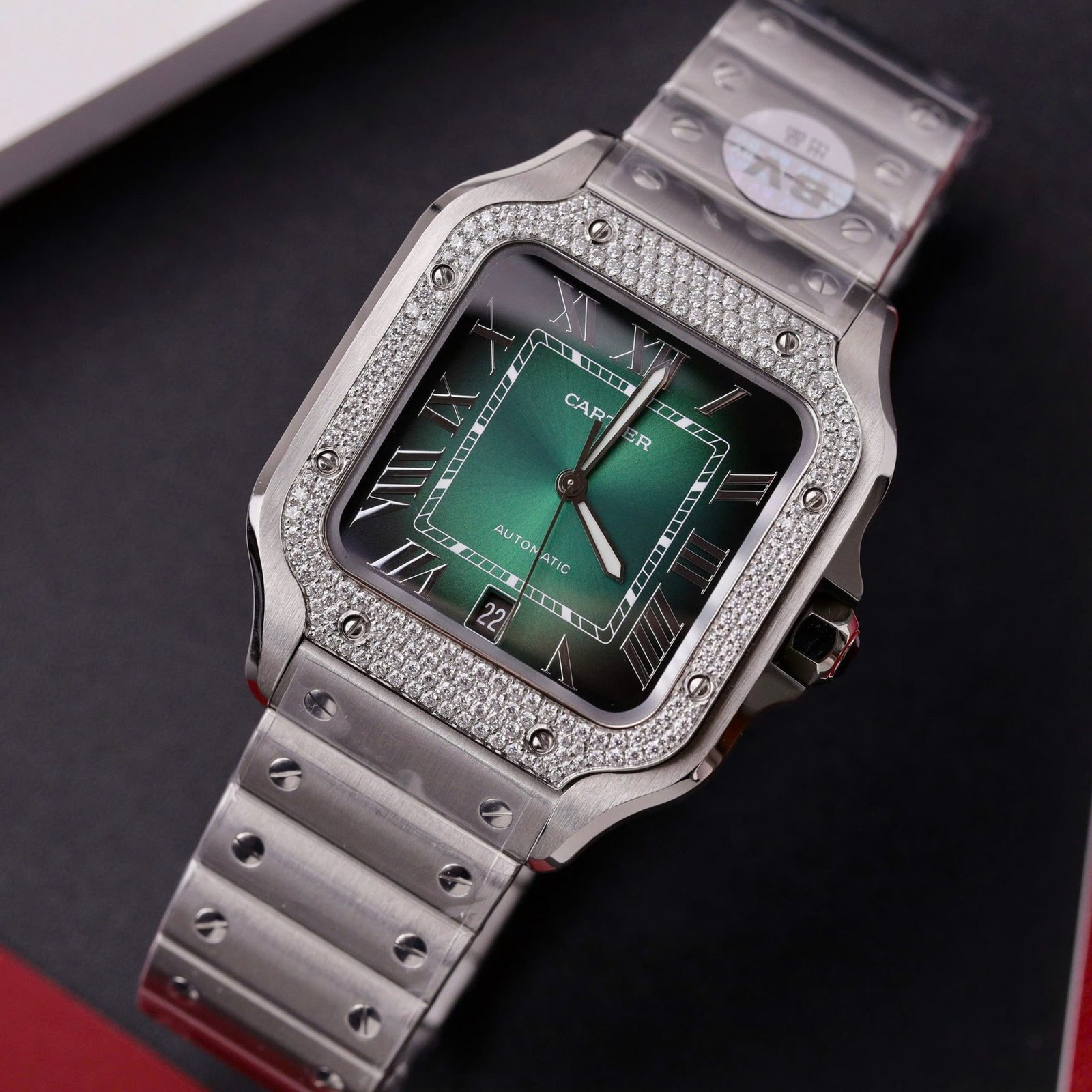 Cartier Santos Green Dial Large Model Custom Moissanite Bezel Best Clone BVF 39.8mm - 图片 3