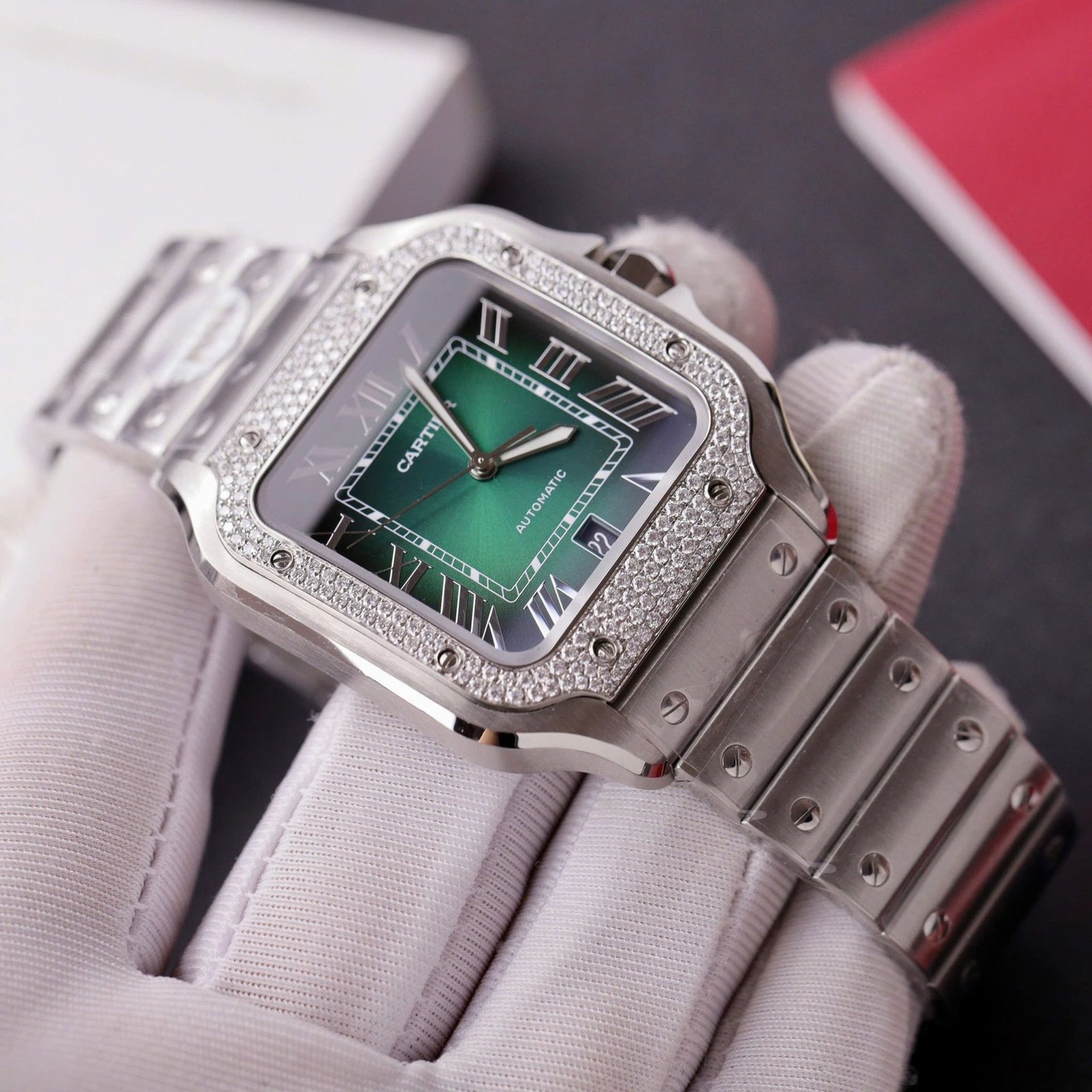 Cartier Santos Green Dial Large Model Custom Moissanite Bezel Best Clone BVF 39.8mm - 图片 4