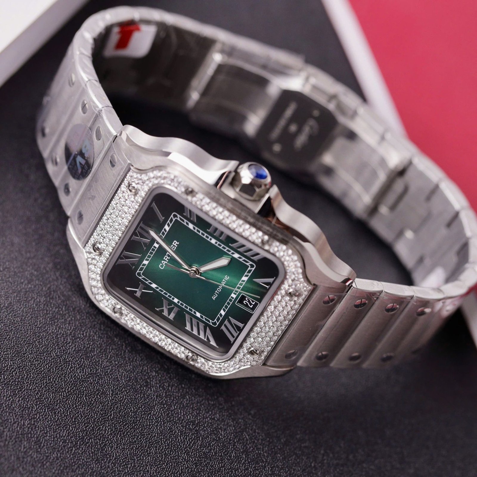 Cartier Santos Green Dial Large Model Custom Moissanite Bezel Best Clone BVF 39.8mm - 图片 5