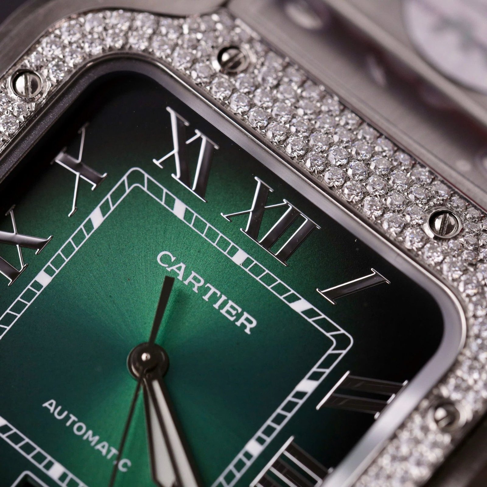 Cartier Santos Green Dial Large Model Custom Moissanite Bezel Best Clone BVF 39.8mm - 图片 6