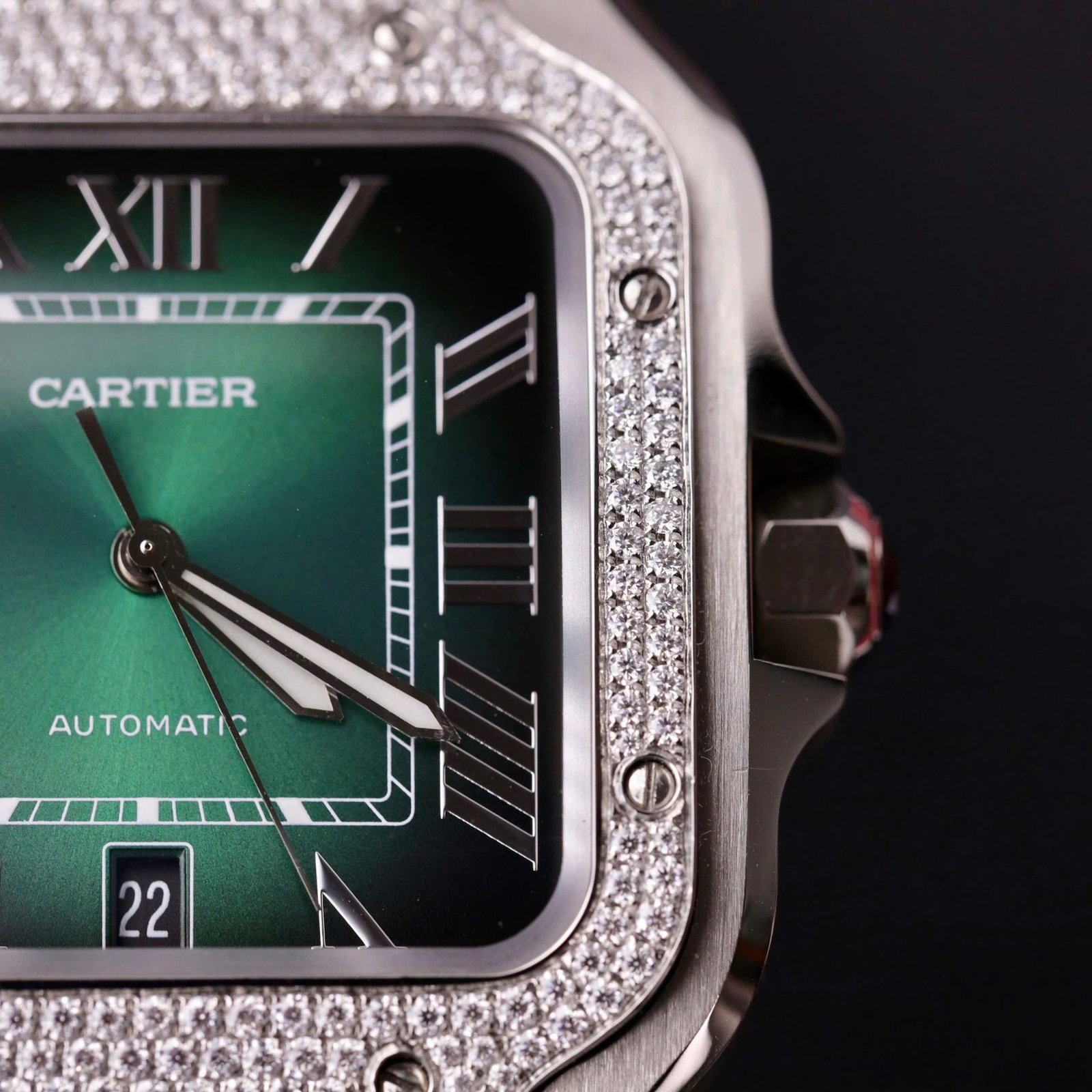Cartier Santos Green Dial Large Model Custom Moissanite Bezel Best Clone BVF 39.8mm - 图片 7