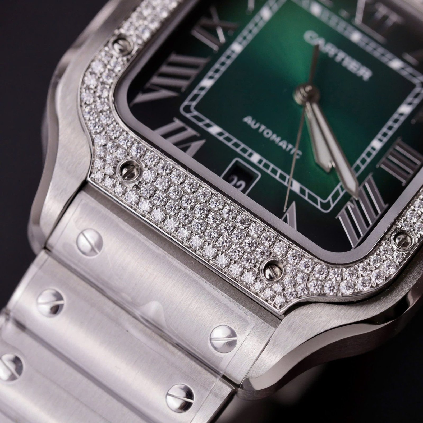 Cartier Santos Green Dial Large Model Custom Moissanite Bezel Best Clone BVF 39.8mm - 图片 8