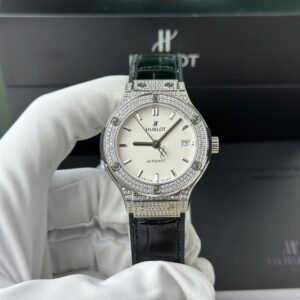 Hublot Classic Fusion Titanium Diamond Pavé White Dial Black Leather Strap Replica 38mm