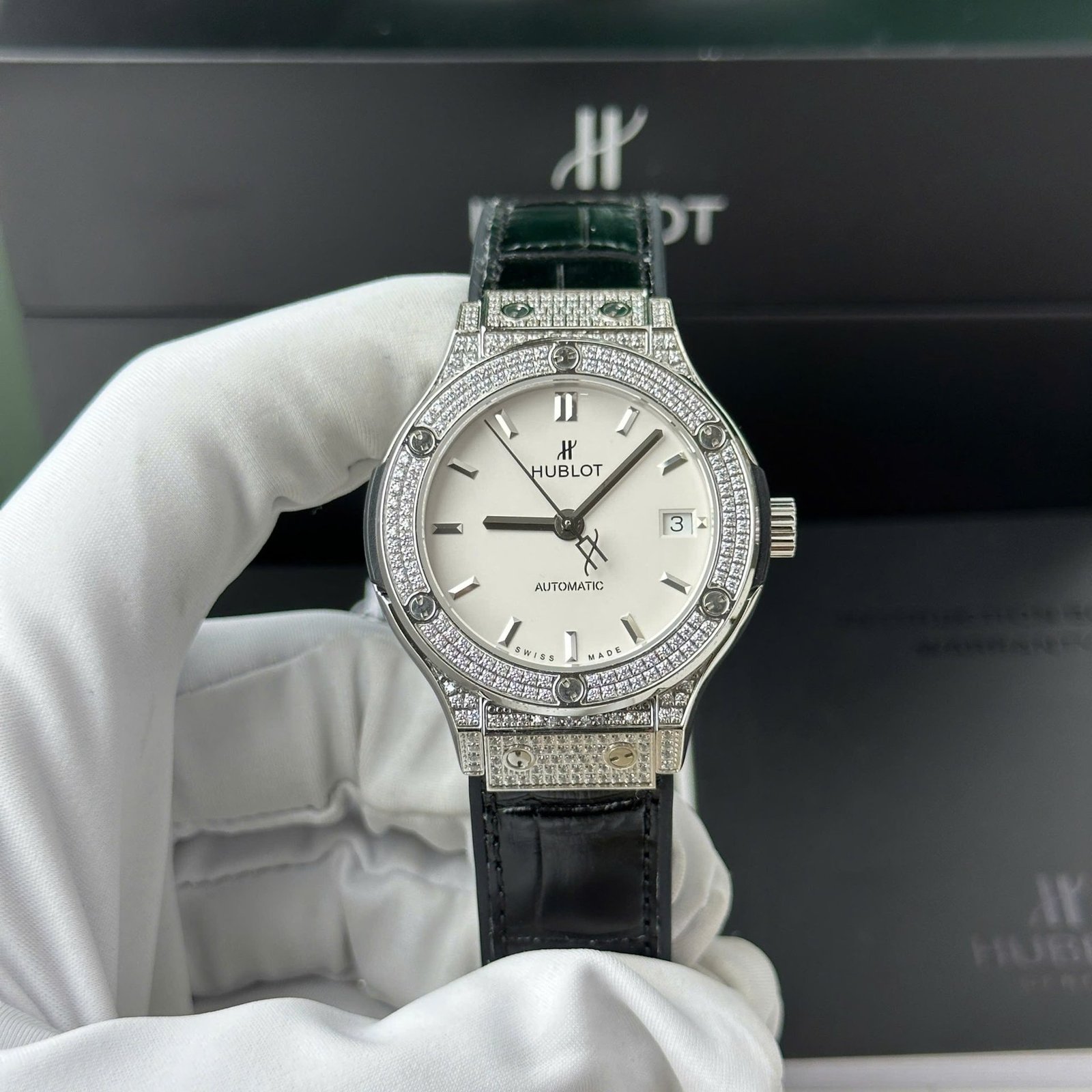 Hublot Classic Fusion Titanium Diamond Pavé White Dial Black Leather Strap Replica 38mm