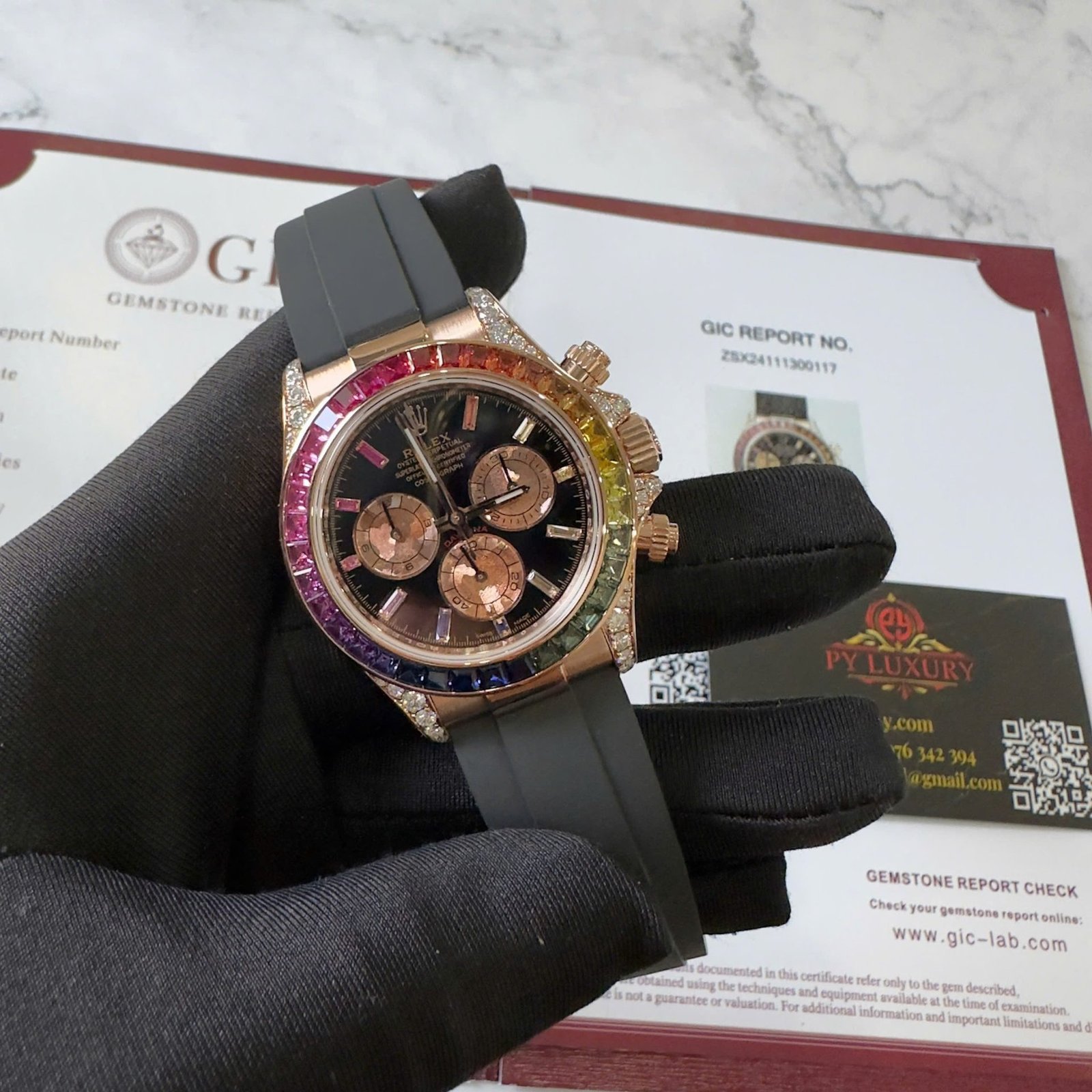 Rolex Daytona Rainbow 18K Rose Gold Wrapped Custom Moissanite & Synthetic Sapphire Rubber Strap Super Clone 40mm - 图片 3