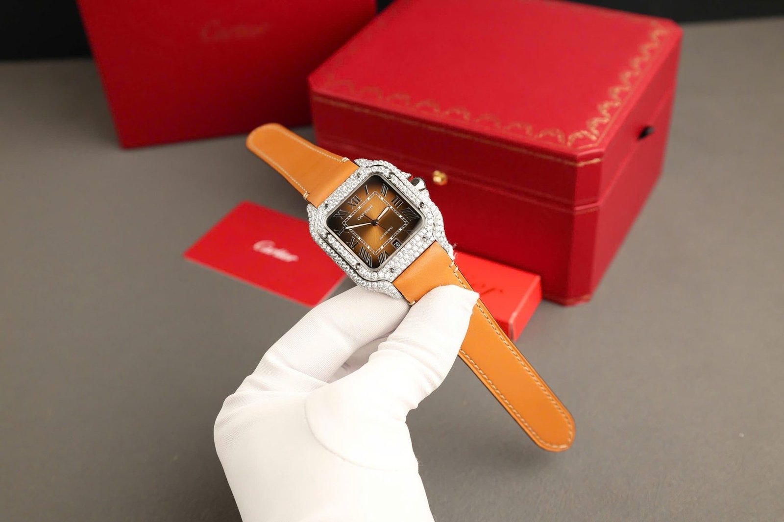 Cartier Santos Large Model Brown Dial Custom Moissanite Case Best Replica 39.8mm - 图片 2