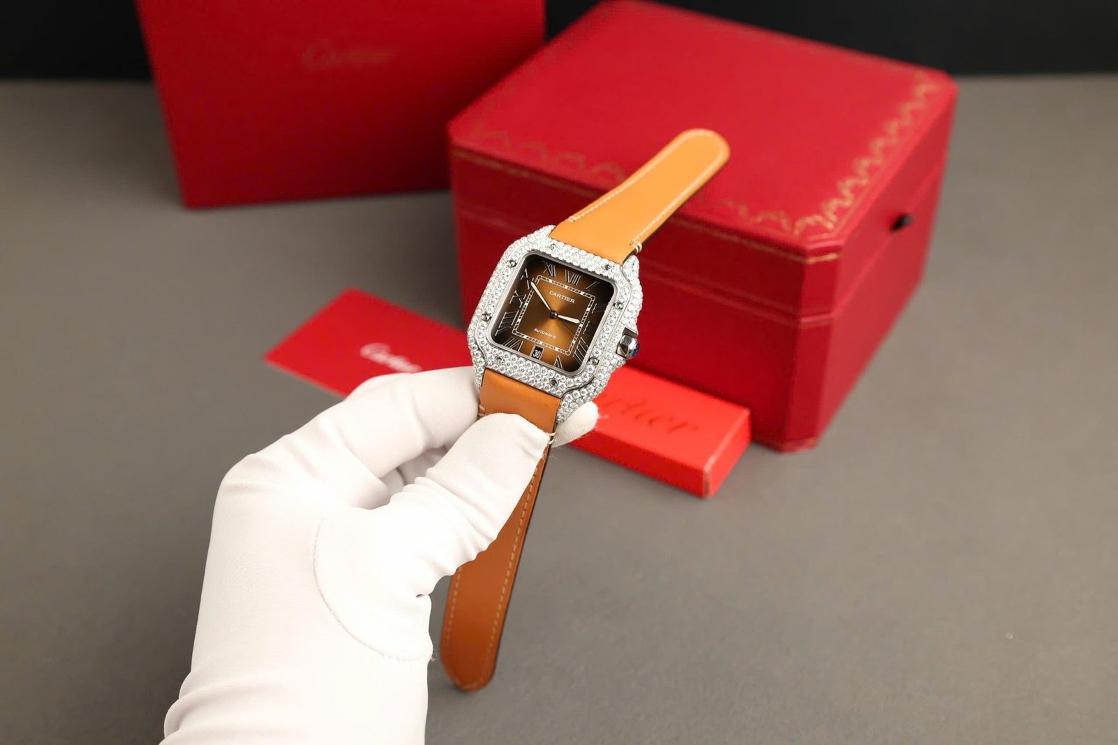 Cartier Santos Large Model Brown Dial Custom Moissanite Case Best Replica 39.8mm - 图片 3