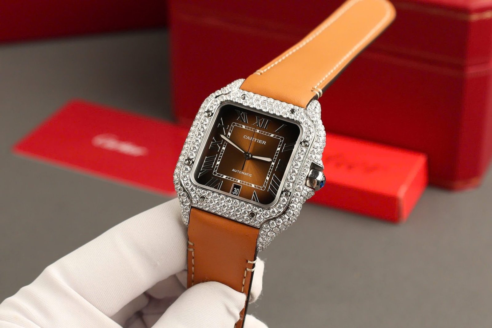 Cartier Santos Large Model Brown Dial Custom Moissanite Case Best Replica 39.8mm - 图片 4