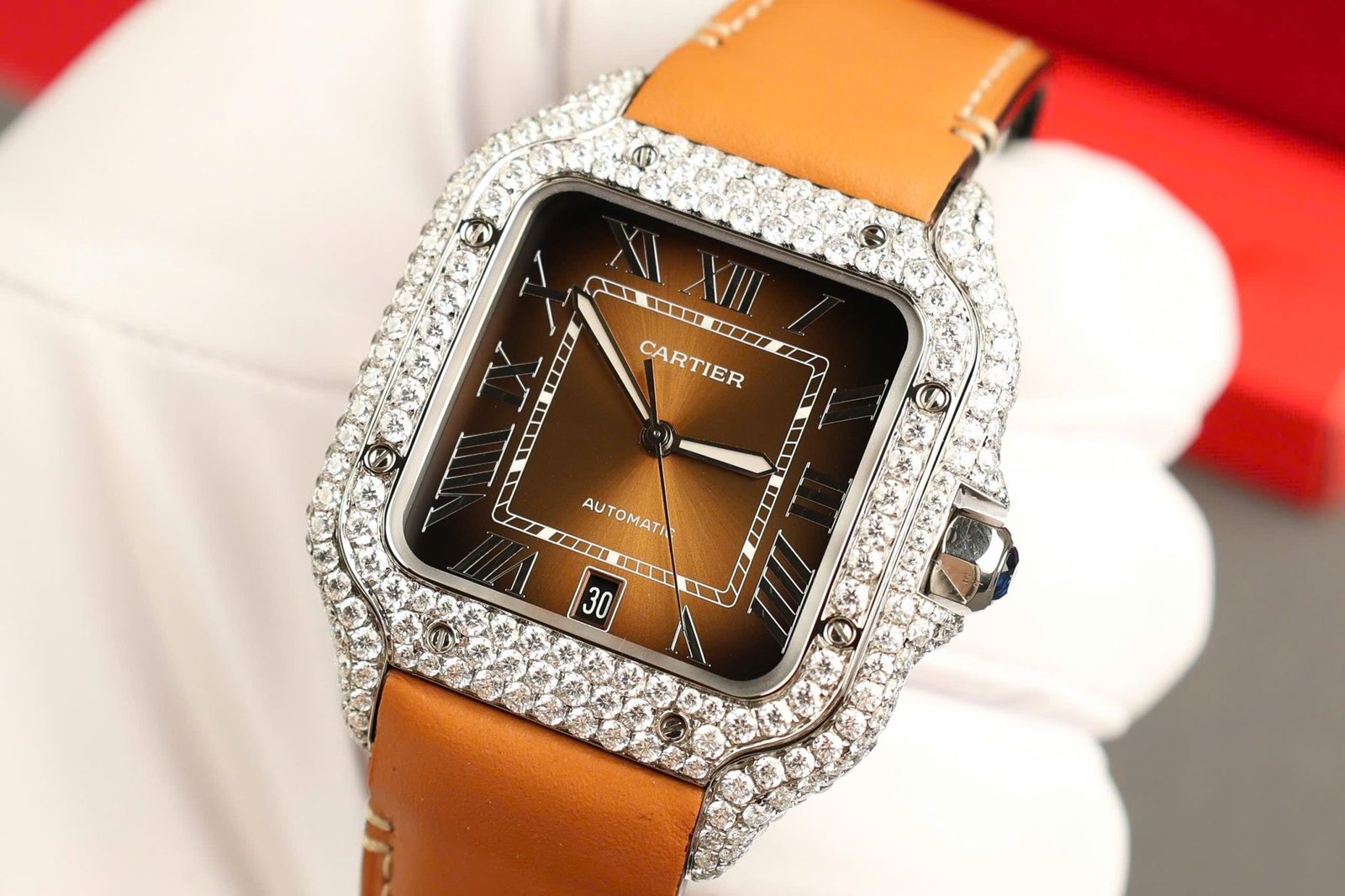 Cartier Santos Large Model Brown Dial Custom Moissanite Case Best Replica 39.8mm - 图片 5